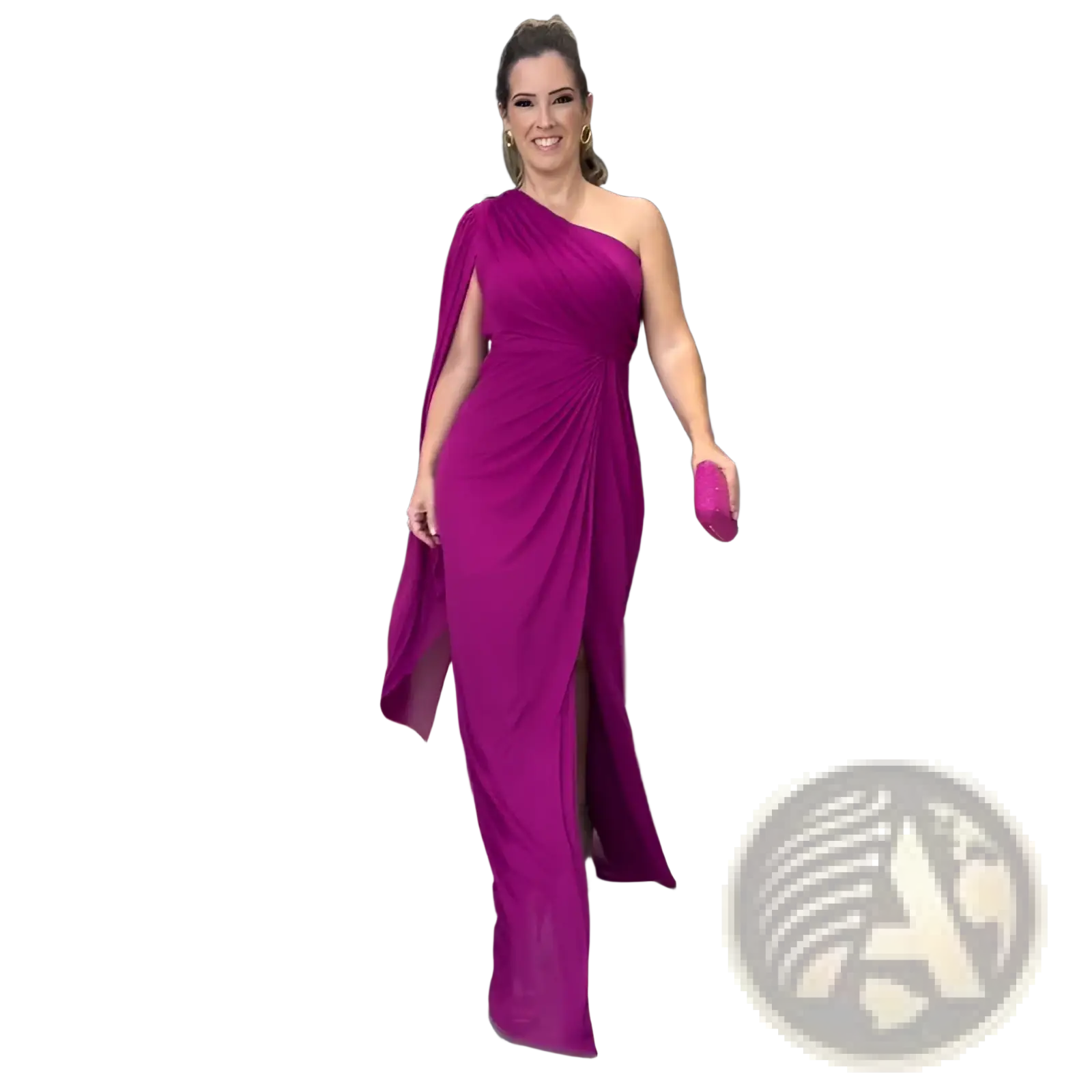 A vibrant magenta one shoulder draped gown with high slit made of flowing fabric for elegant occasions