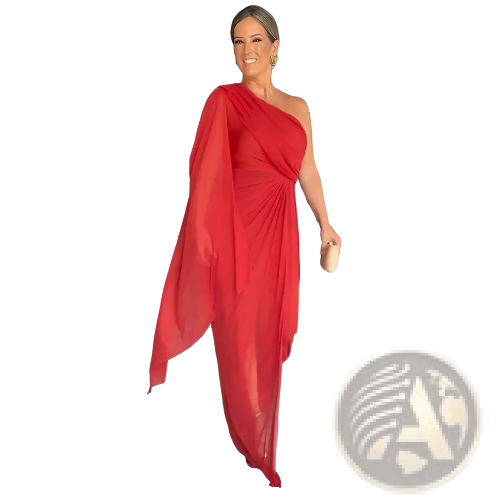 A flowing vibrant red one-shoulder gown with draped asymmetrical design and high slit for elegant occasions