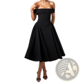 Elegant off-the-shoulder high waist midi dress in sleek black with fitted bodice and flared skirt for formal occasions