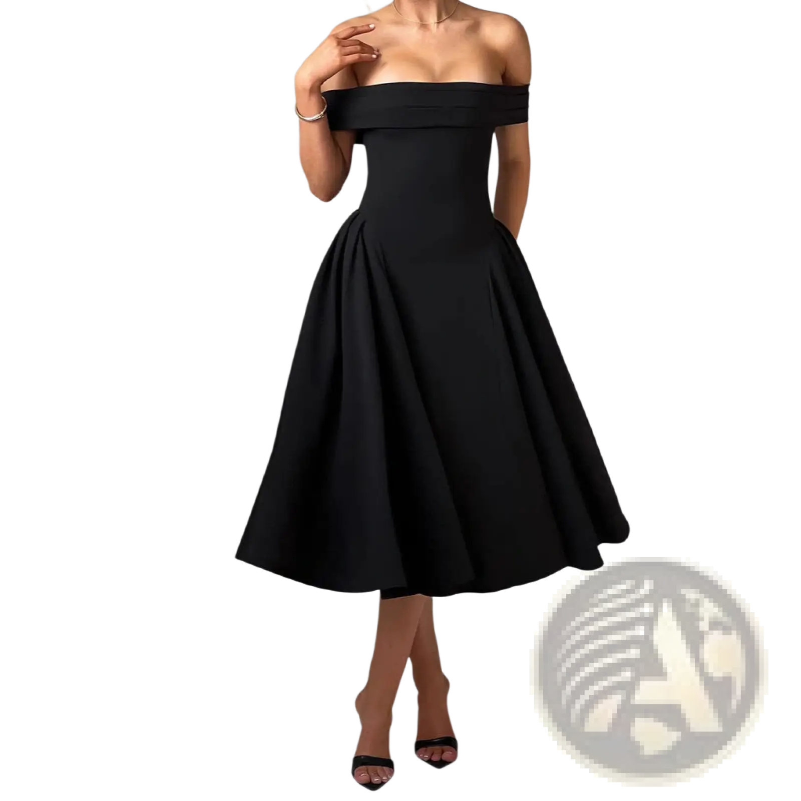 Elegant off-the-shoulder high waist midi dress in sleek black with fitted bodice and flared skirt for formal occasions