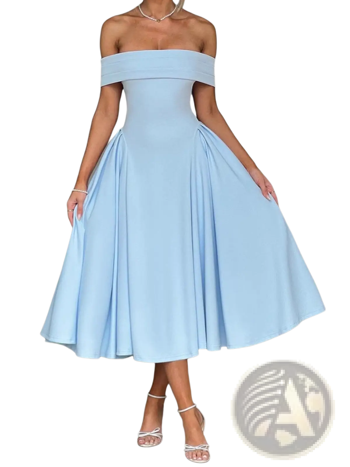 Elegant light blue off-the-shoulder high waist midi dress with fitted bodice and flared skirt for formal occasions