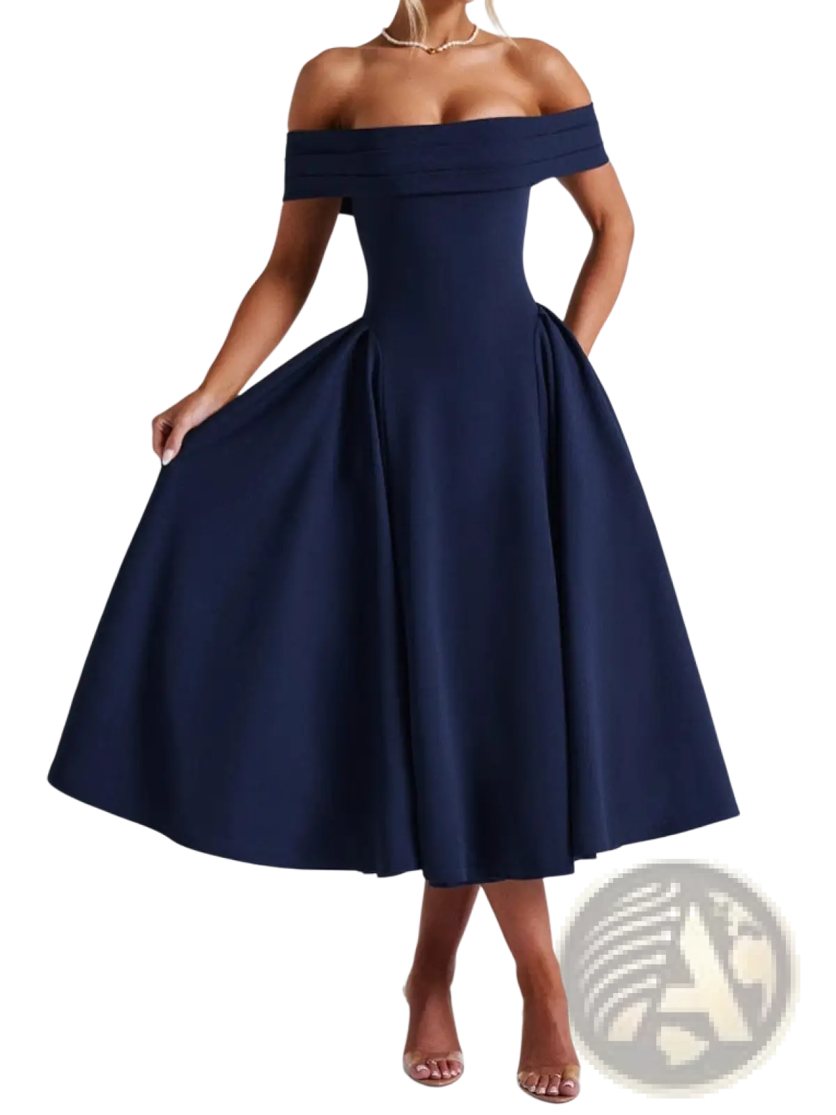 Elegant off-the-shoulder navy blue midi dress with fitted bodice and flared skirt for formal occasions