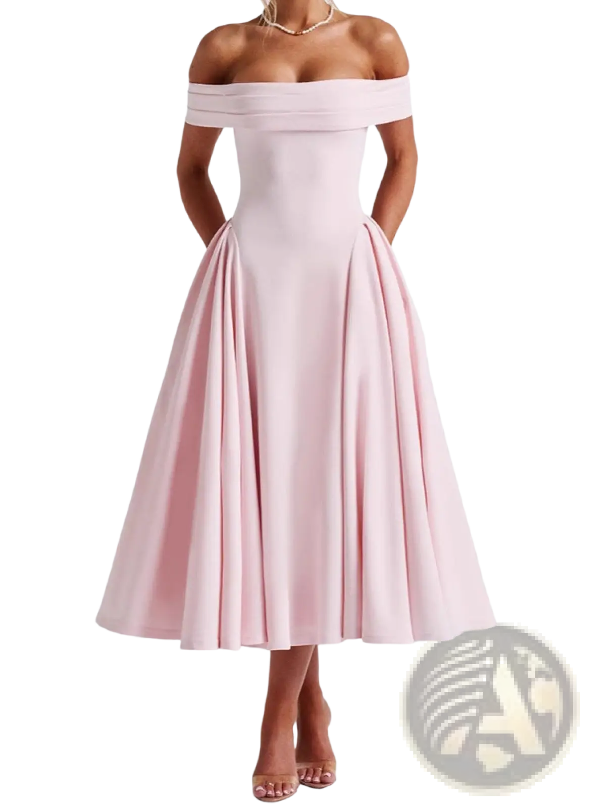 Elegant off-the-shoulder high waist midi dress in soft pink with fitted bodice and flared skirt made from lightweight fabric