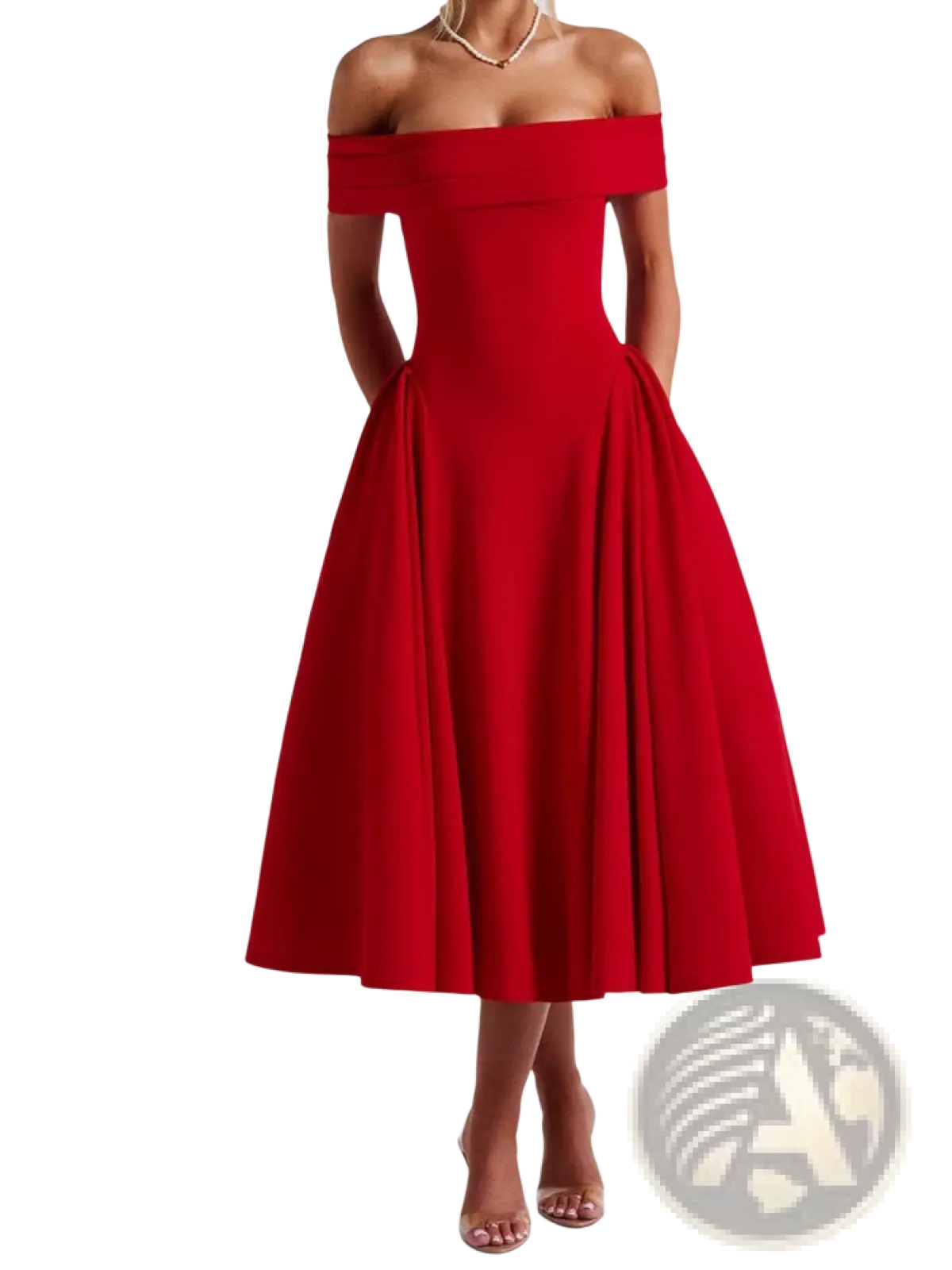 A vibrant red elegant off-the-shoulder high waist midi dress with fitted bodice and flared skirt for formal occasions