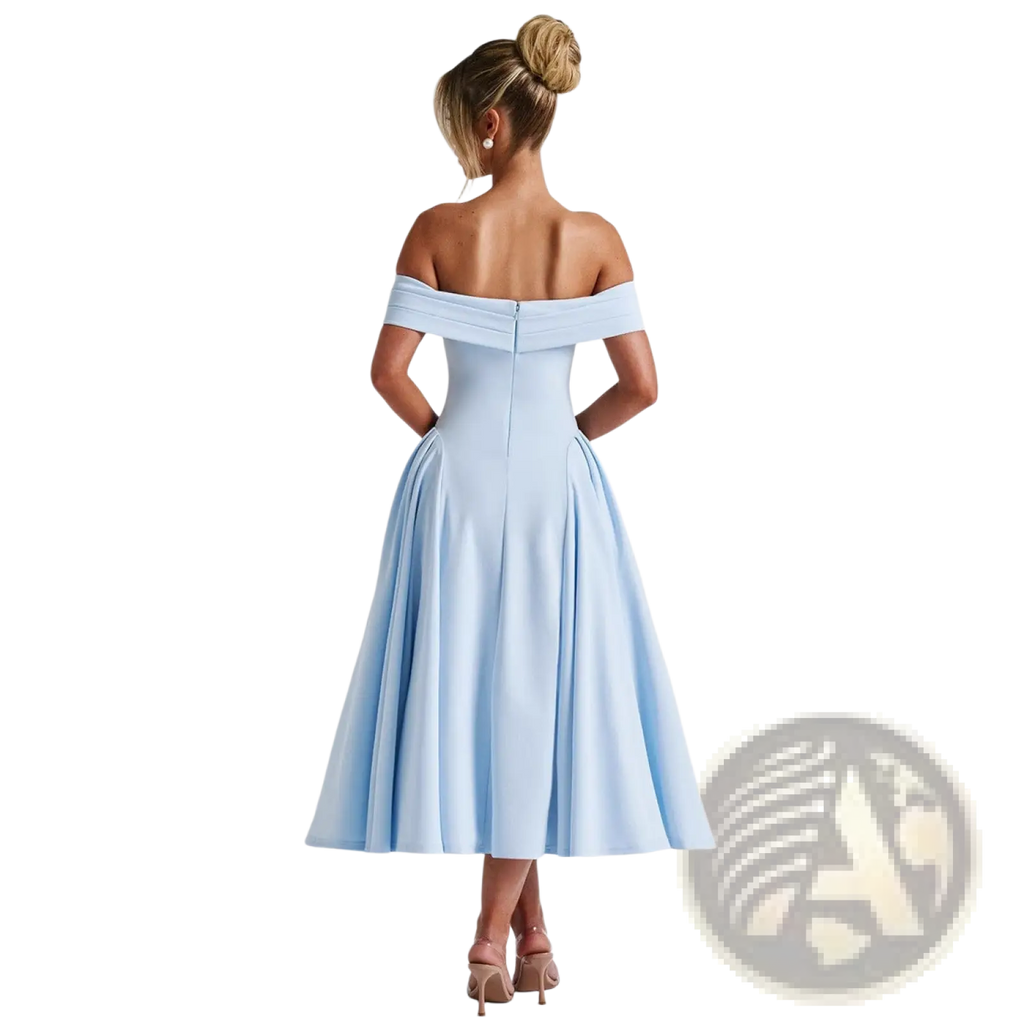 Elegant off-the-shoulder light blue midi dress with a fitted bodice and flared skirt in high waist design