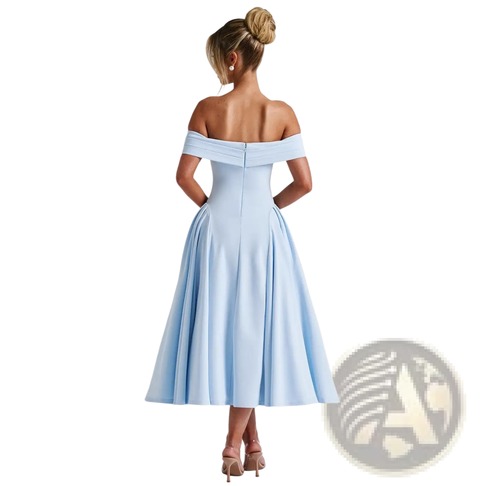 Elegant off-the-shoulder light blue midi dress with a fitted bodice and flared skirt in high waist design