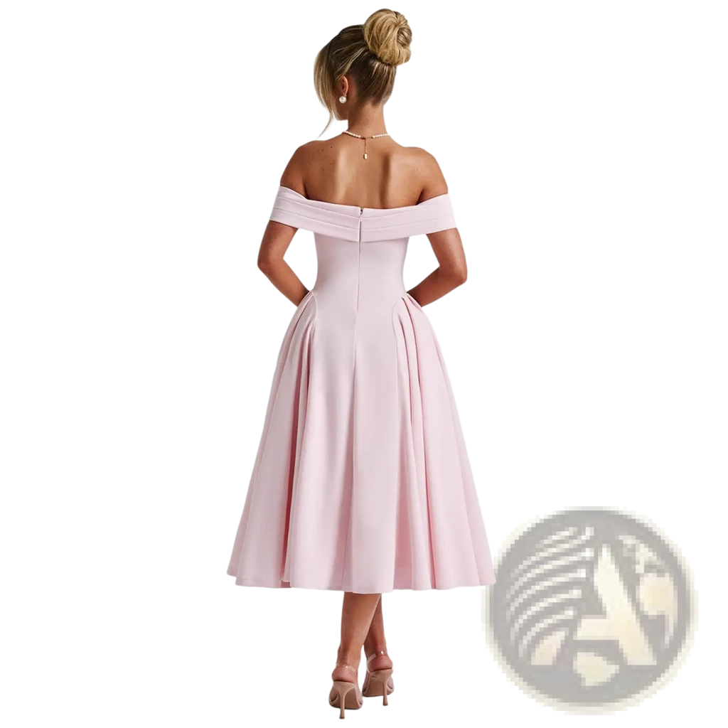 A soft pink elegant off-the-shoulder high waist midi dress with a fitted bodice and flared skirt