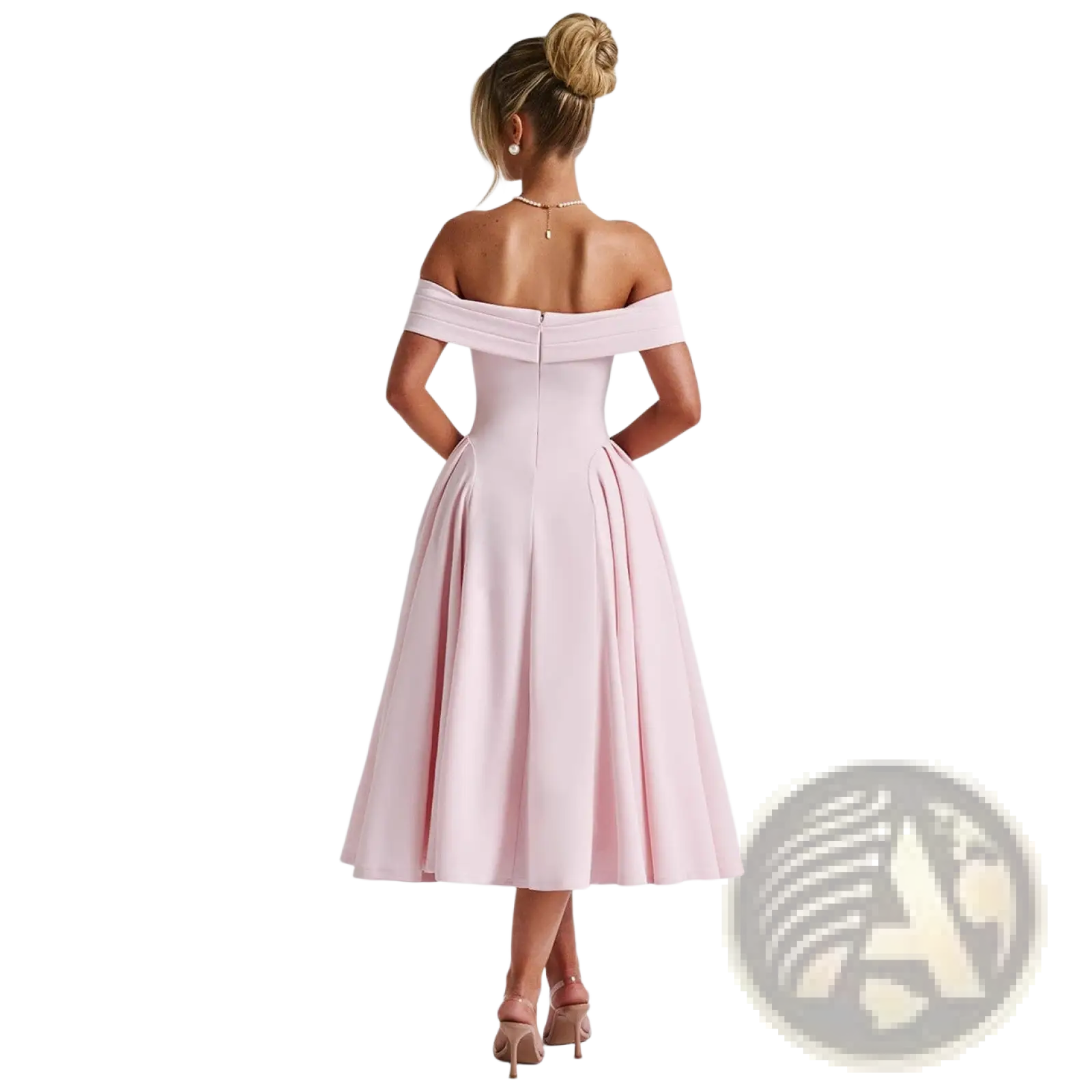 A soft pink elegant off-the-shoulder high waist midi dress with a fitted bodice and flared skirt