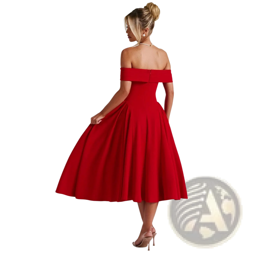 Elegant off-the-shoulder high waist midi dress in vibrant red with fitted bodice and flared skirt for formal occasions