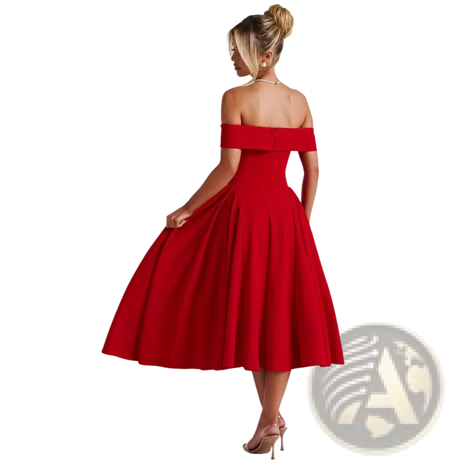 Elegant off-the-shoulder high waist midi dress in vibrant red with fitted bodice and flared skirt for formal occasions