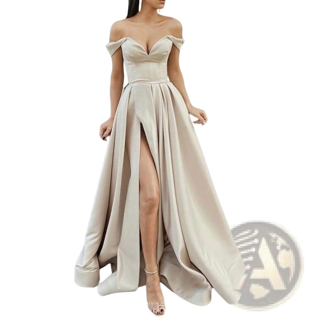 Elegant off shoulder v neck high slit maxi dress in soft beige satin with structured bodice and flowing silhouette