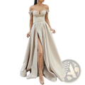 Elegant off shoulder v neck high slit maxi dress in soft beige satin with structured bodice and flowing silhouette