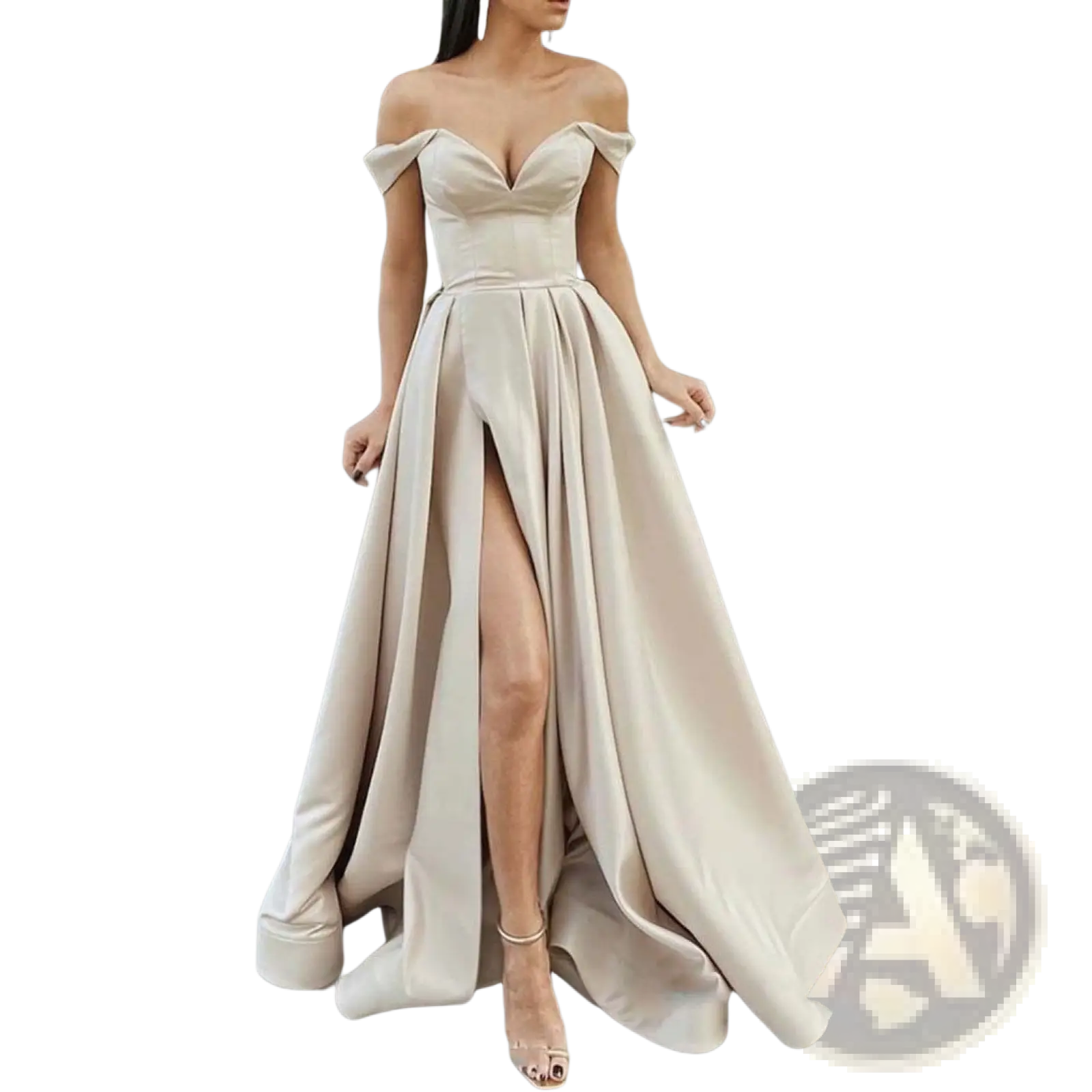 Elegant off shoulder v neck high slit maxi dress in soft beige satin with structured bodice and flowing silhouette