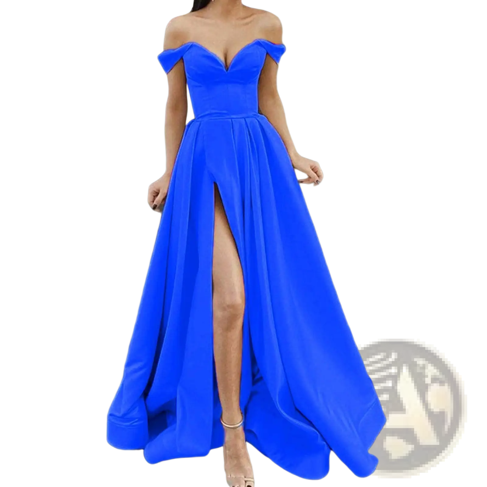 A vibrant royal blue off the shoulder evening gown with a fitted bodice and flowing skirt for elegant events