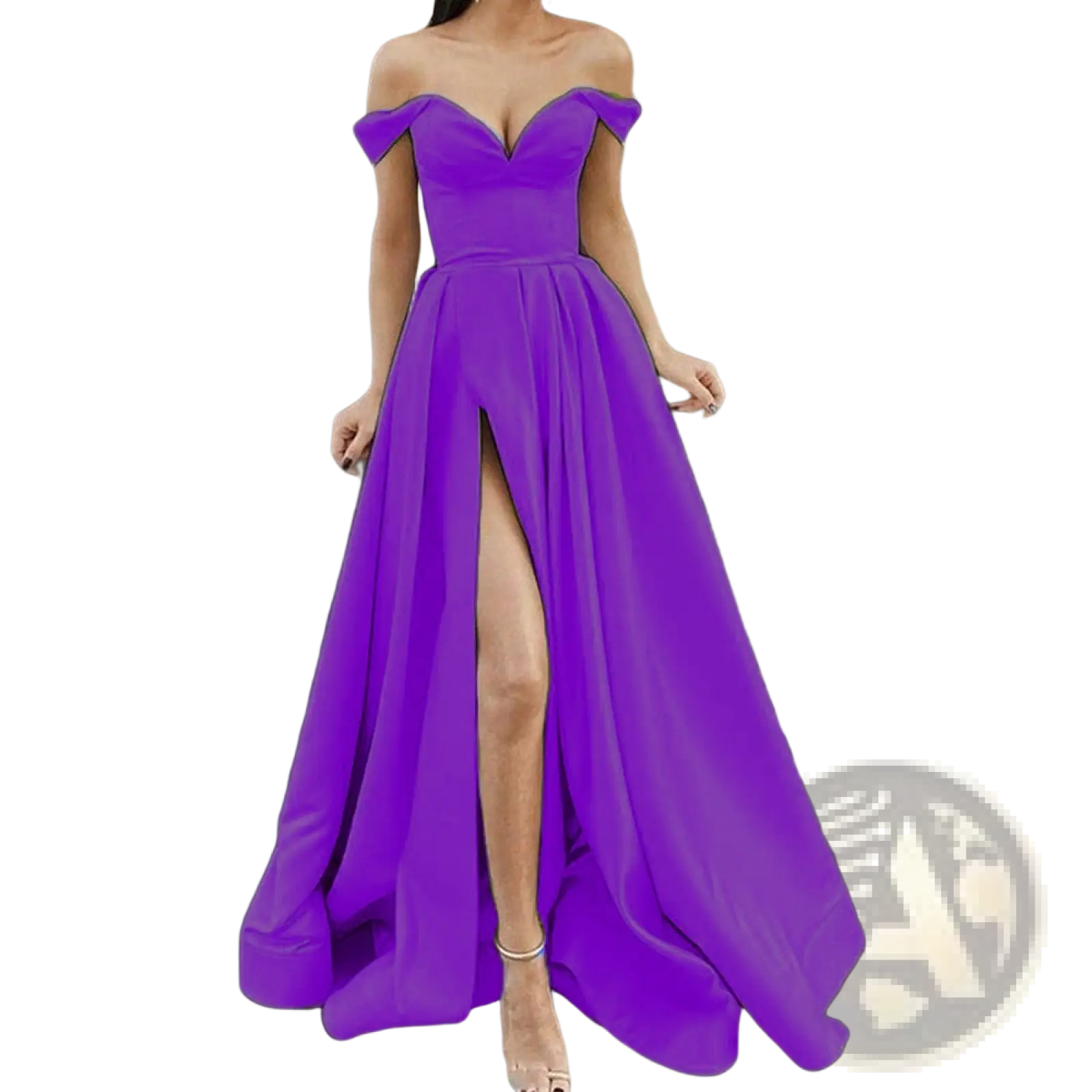 A vibrant purple satin elegant off shoulder v neck maxi dress with a high slit and fitted bodice