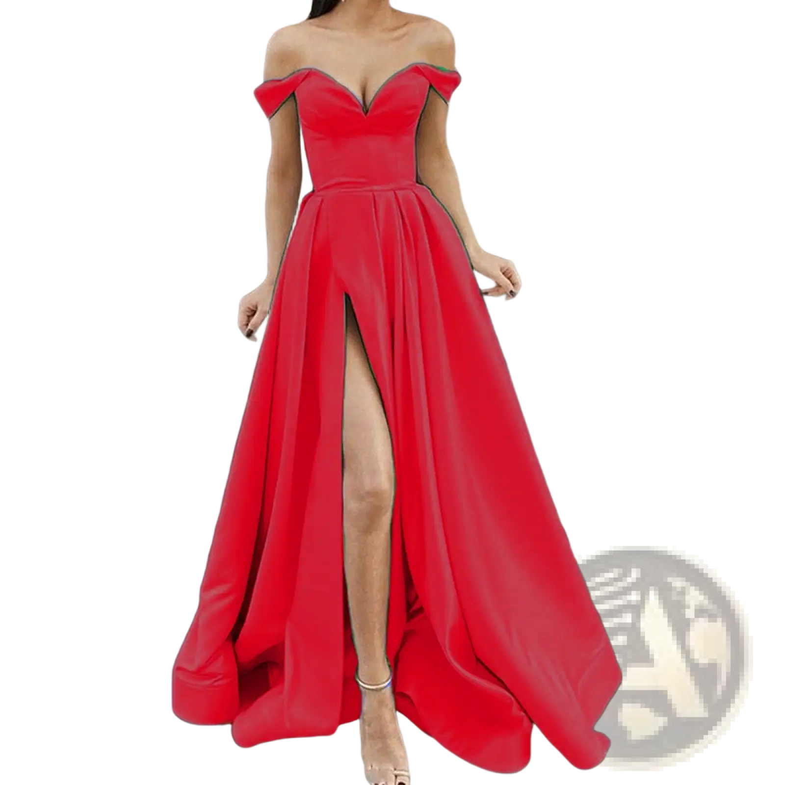 Elegant off shoulder v neck maxi dress in vibrant red satin with high slit and fitted bodice for formal occasions
