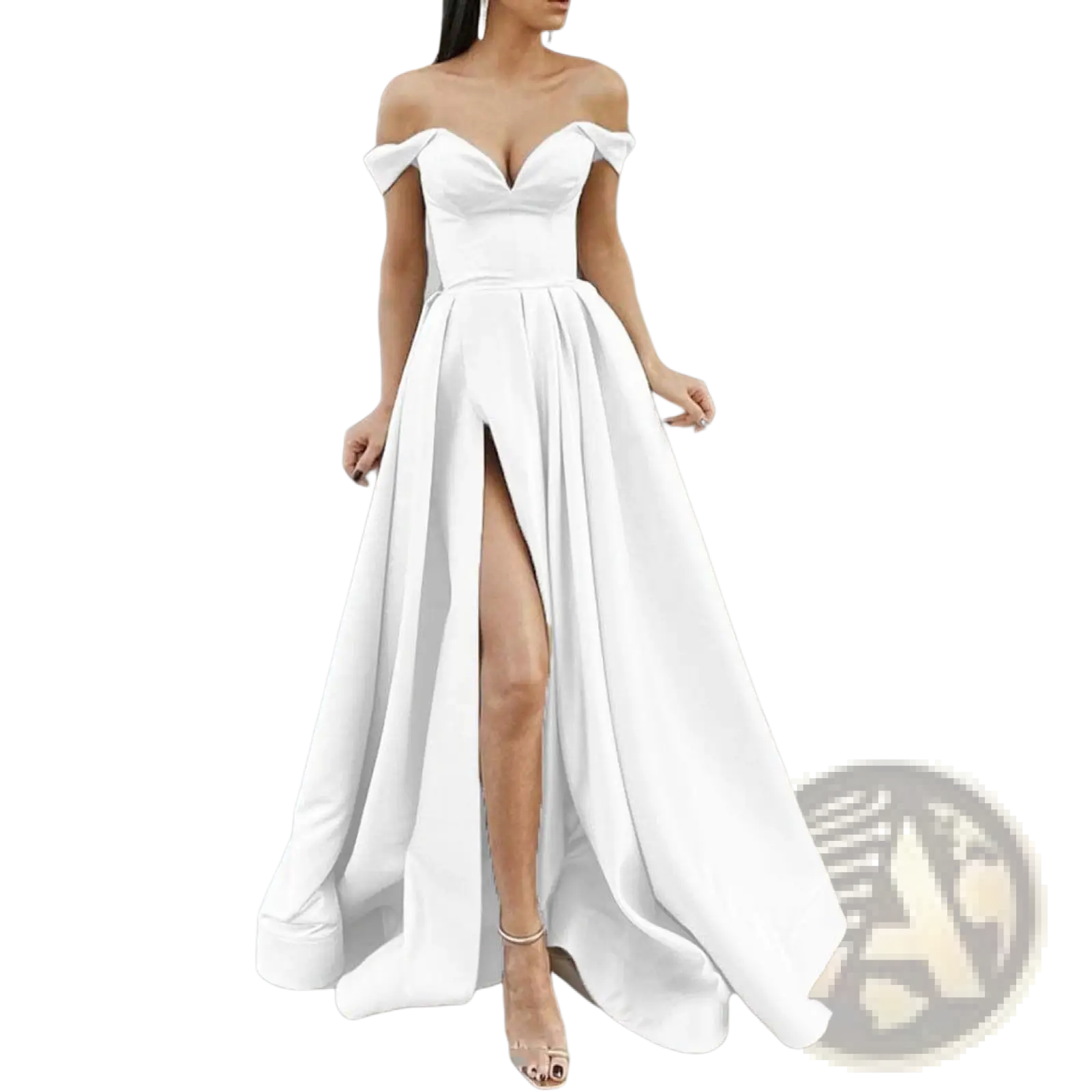 Elegant white satin off shoulder v neck maxi dress with high slit and pleated skirt for formal occasions
