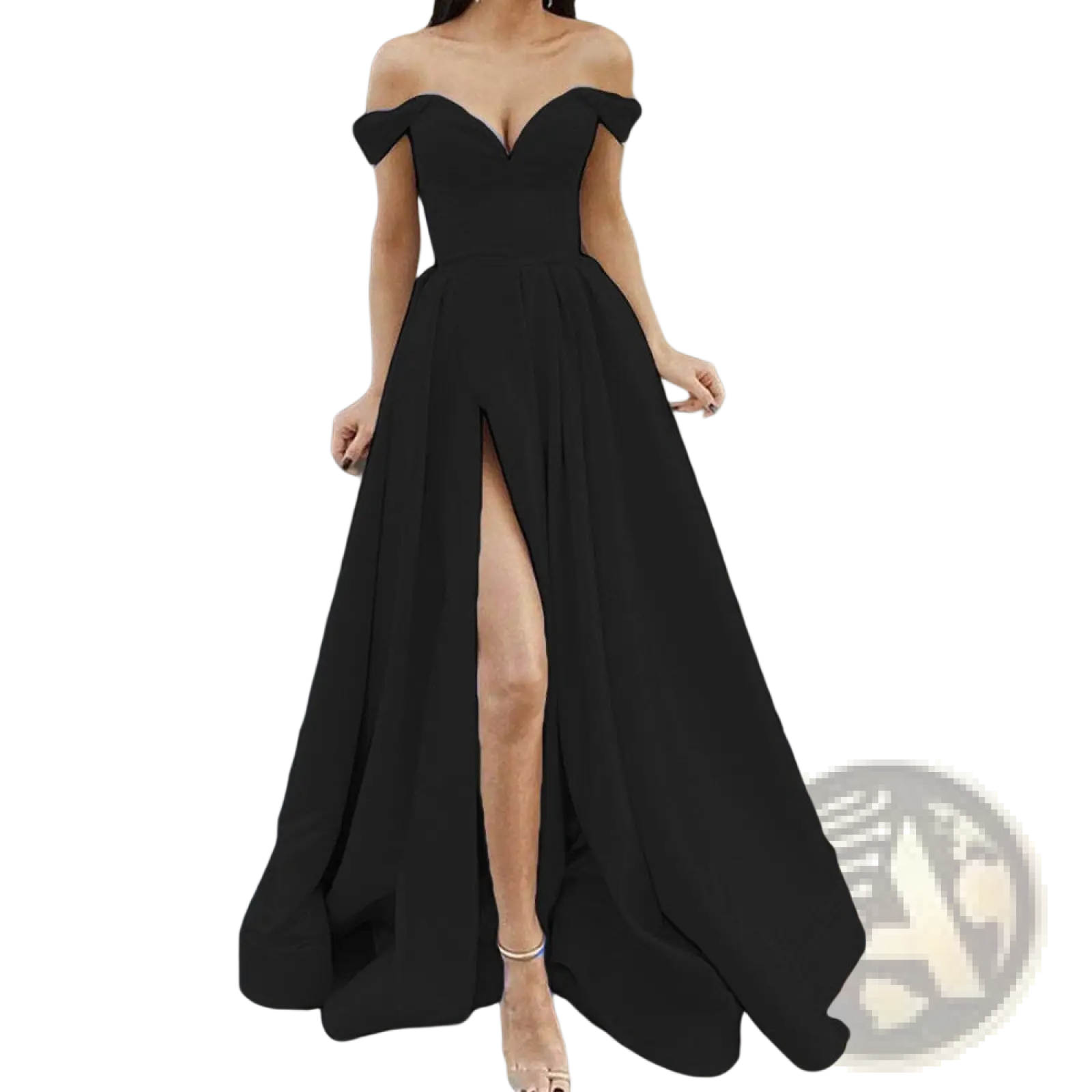 Black elegant off shoulder v neck high slit maxi dress with flowing fabric and floor-length design for formal occasions