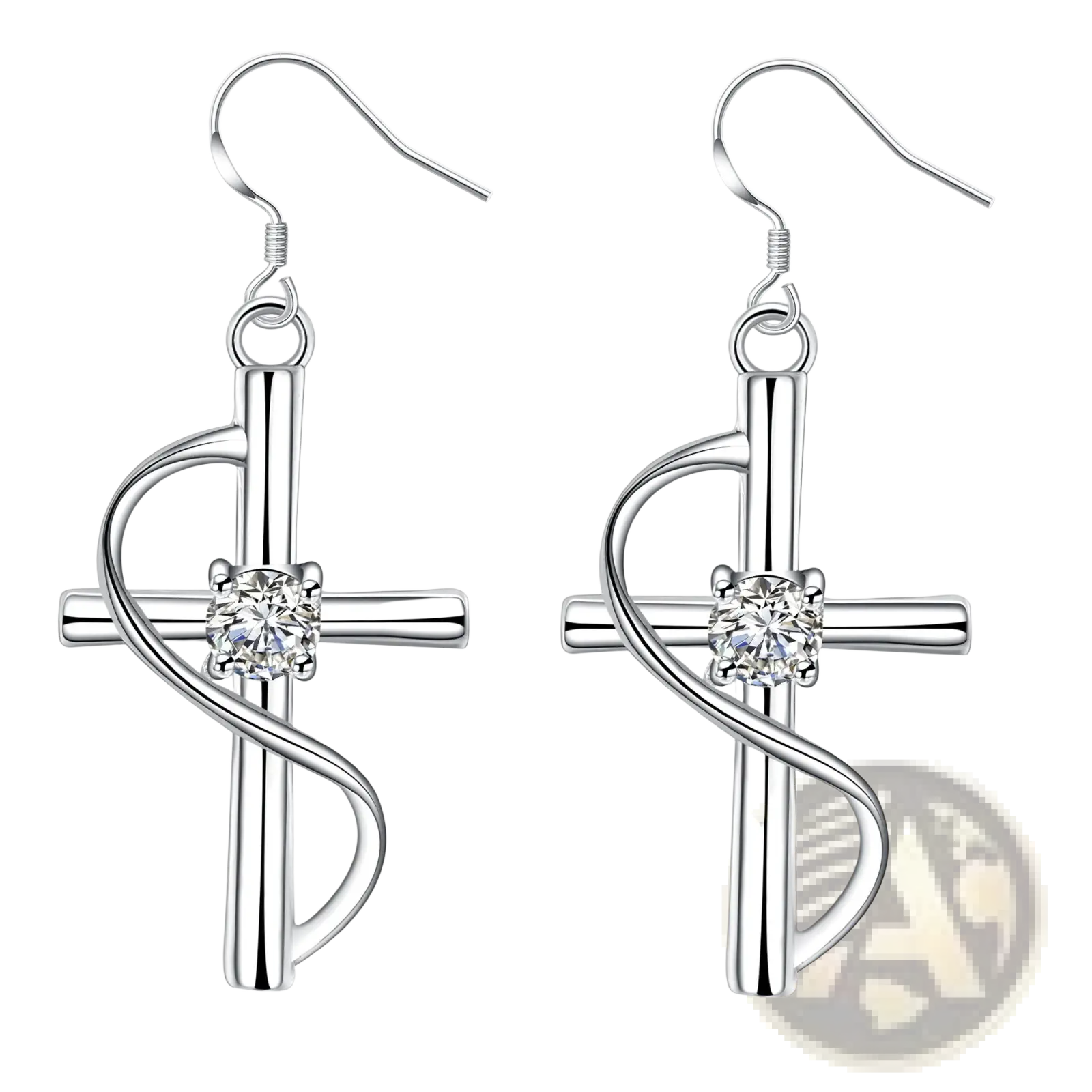 Elegant silver swirling cross earrings featuring a central clear gemstone in a refined design