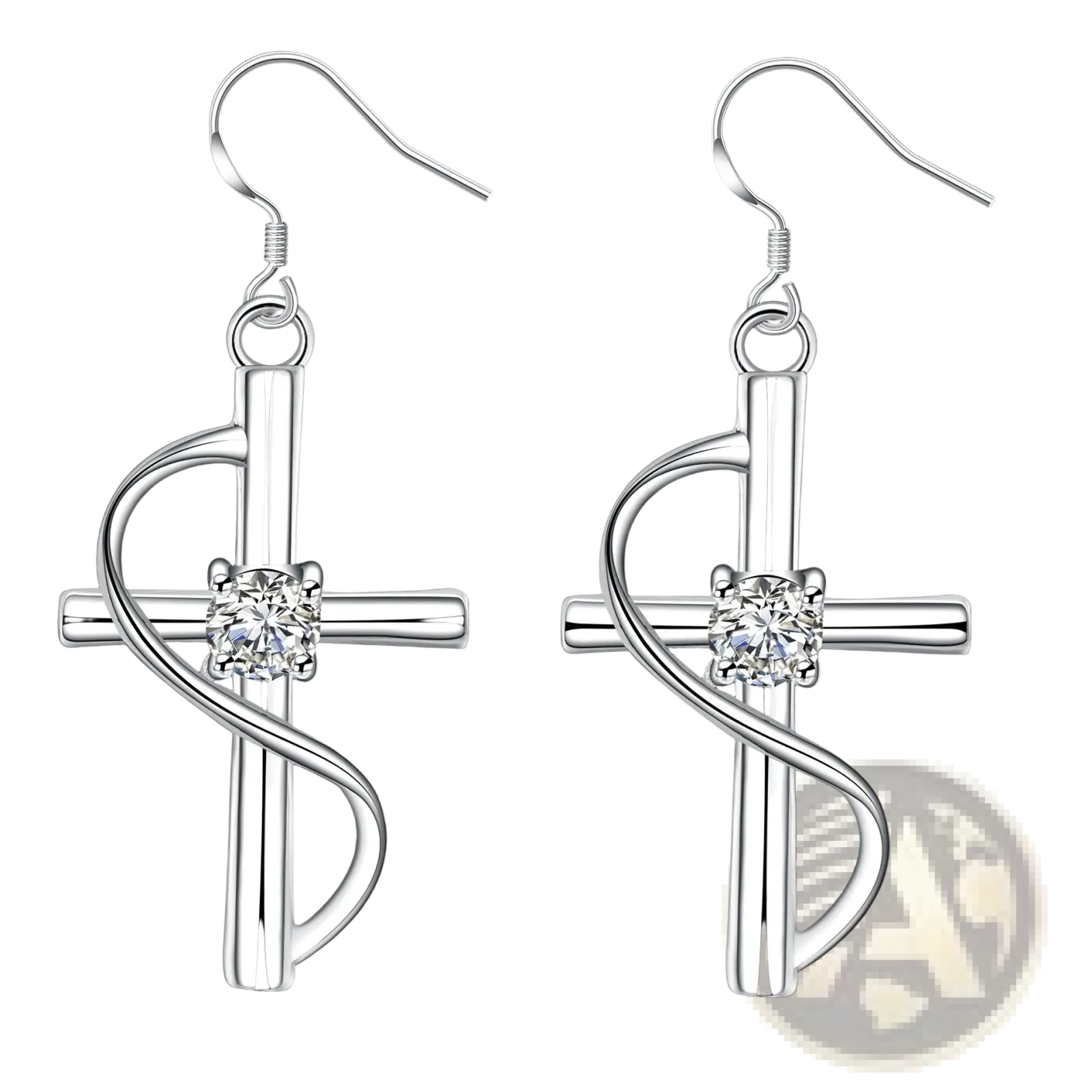 Elegant silver swirling cross earrings featuring a central clear gemstone and intricate metalwork design