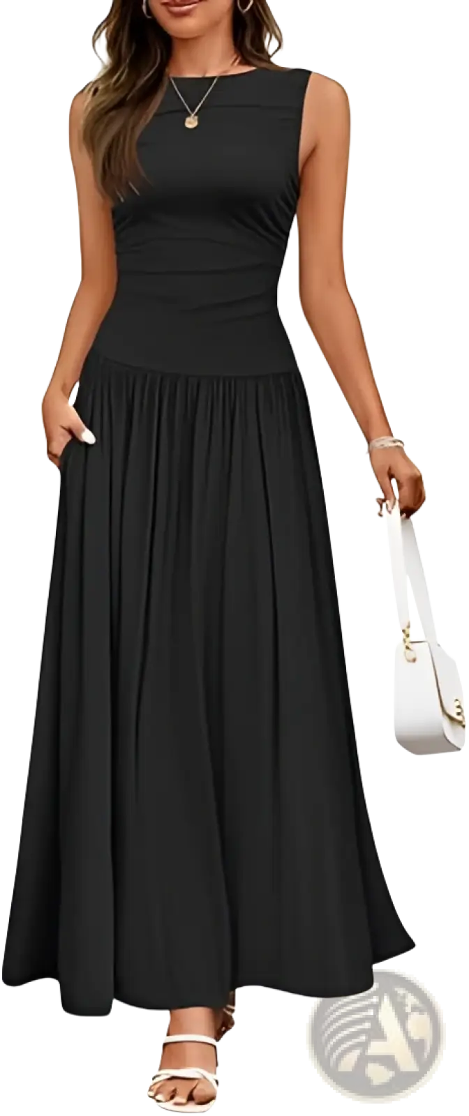 Black sleeveless pleated maxi dress with fitted bodice and flowing skirt featuring pockets for elegant wear