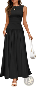 Black sleeveless pleated maxi dress with fitted bodice and flowing skirt featuring pockets for elegant wear