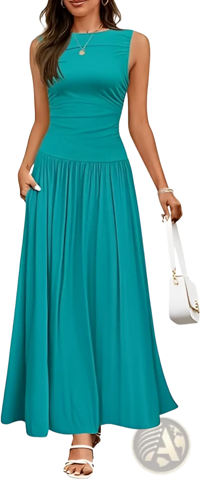 Teal sleeveless pleated maxi dress with fitted bodice flared skirt and pockets for elegant occasions