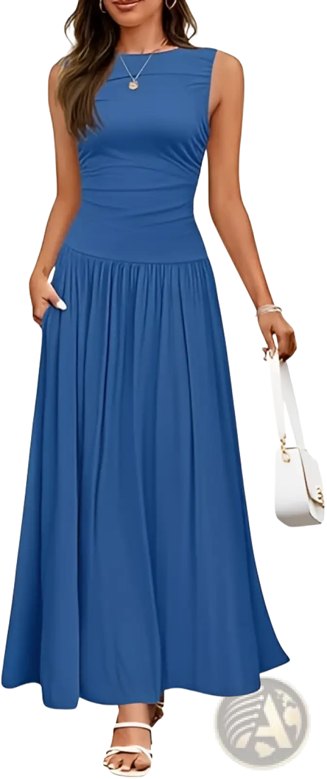 A flowing royal blue sleeveless maxi dress with a fitted bodice and flared skirt in elegant pleated fabric with pockets