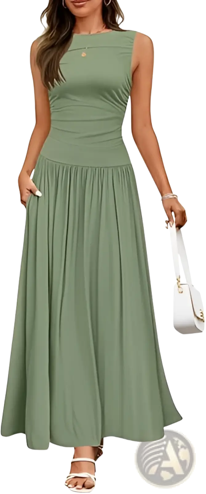 Elegant sleeveless pleated sage green maxi dress with fitted bodice and gathered waist featuring pockets