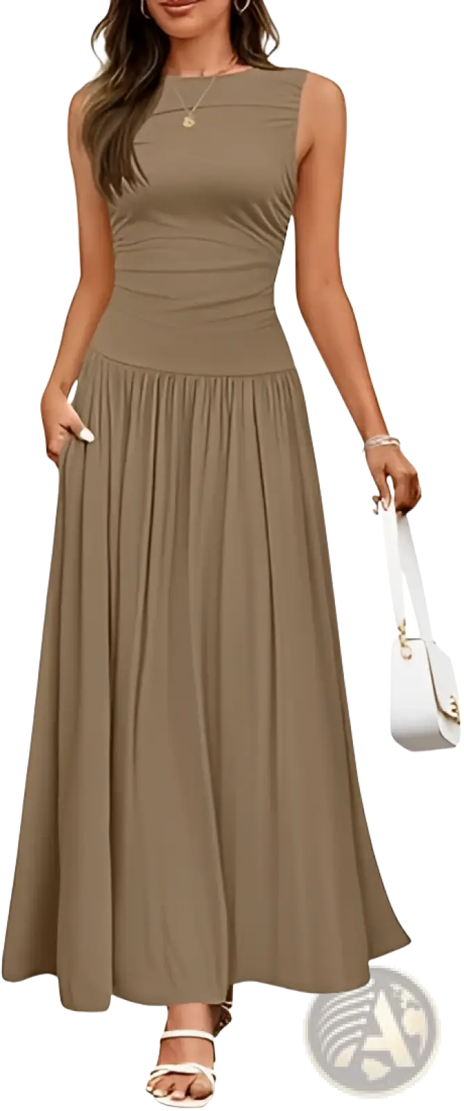 Elegant sleeveless olive green pleated maxi dress with fitted bodice flared skirt and pockets in flowing fabric