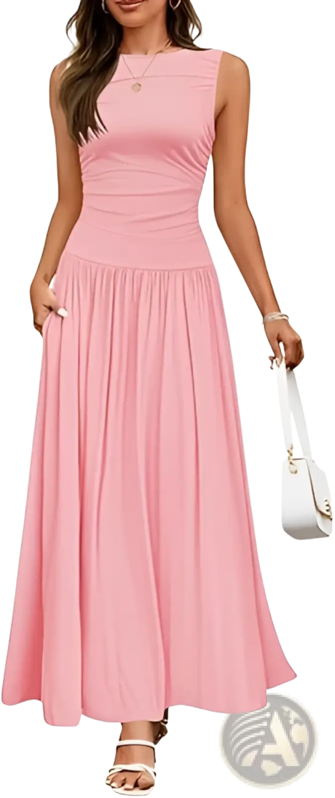 A soft pink sleeveless pleated maxi dress with fitted bodice flowing skirt and pockets perfect for elegant occasions