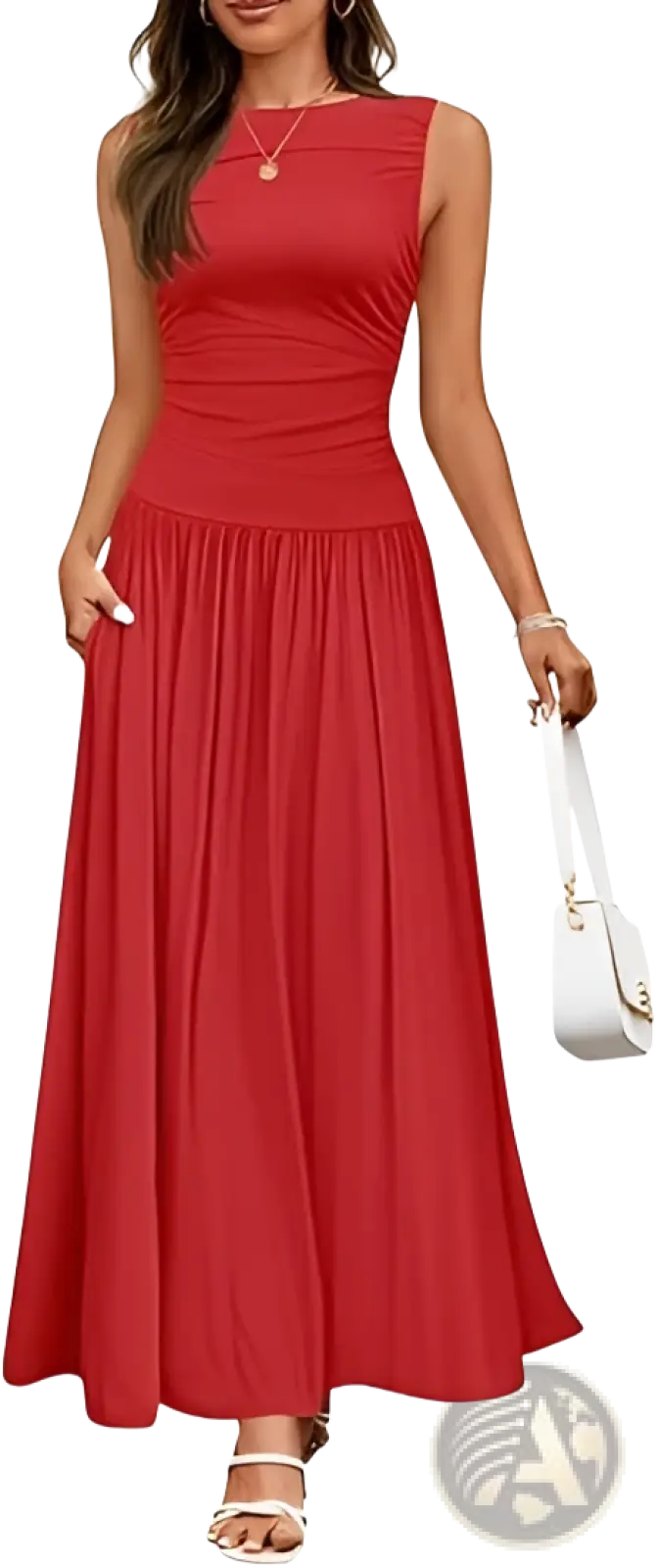 Red sleeveless pleated maxi dress with fitted bodice and flowing skirt featuring pockets for elegant occasions