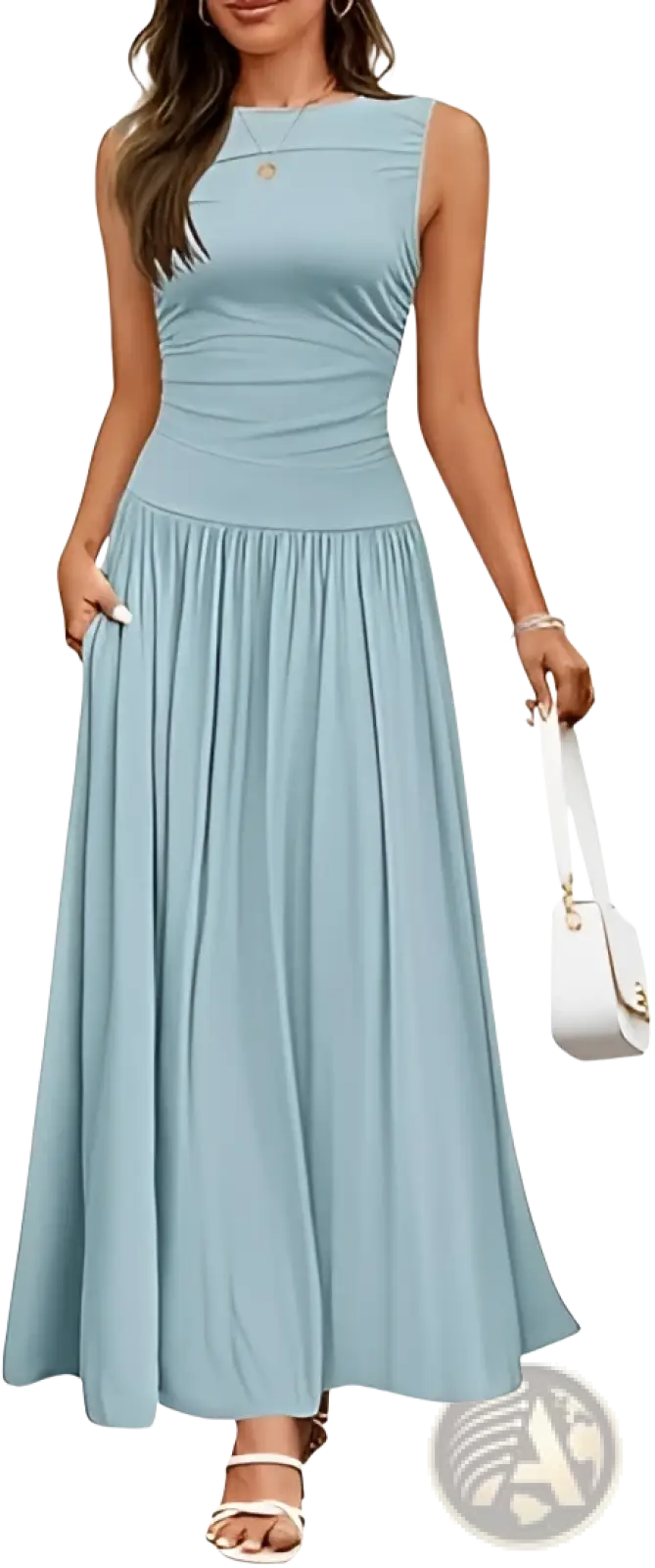 A flowing light blue sleeveless maxi dress with a ruched bodice pleated skirt and side pockets for elegant wear