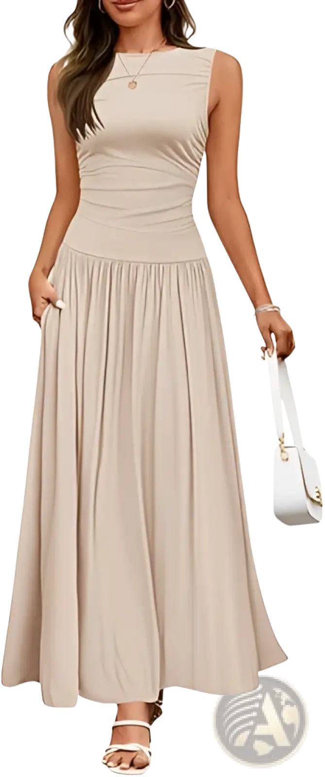 Beige sleeveless maxi dress with ruched bodice and flared skirt featuring elegant pleated fabric and pockets