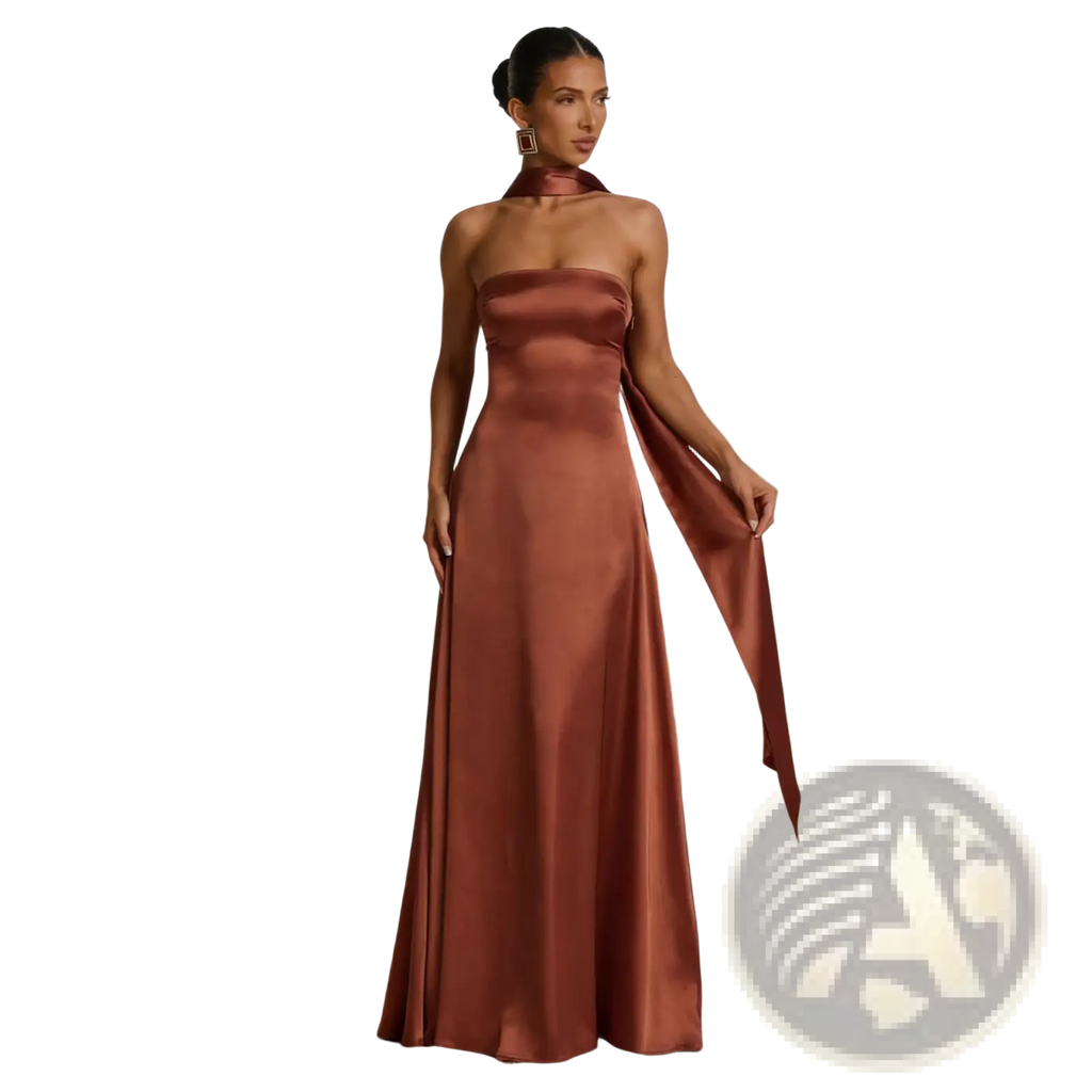 A flowing strapless rust-colored satin evening gown with a draped neckline and elegant train