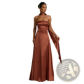 A flowing strapless rust-colored satin evening gown with a draped neckline and elegant train