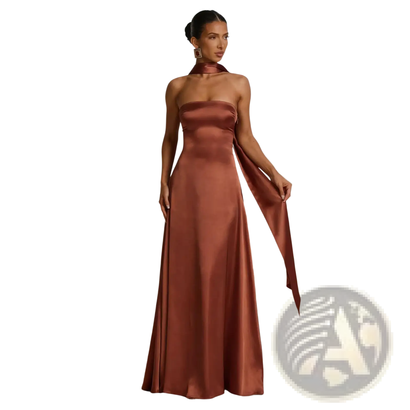 A flowing strapless rust-colored satin evening gown with a draped neckline and elegant train
