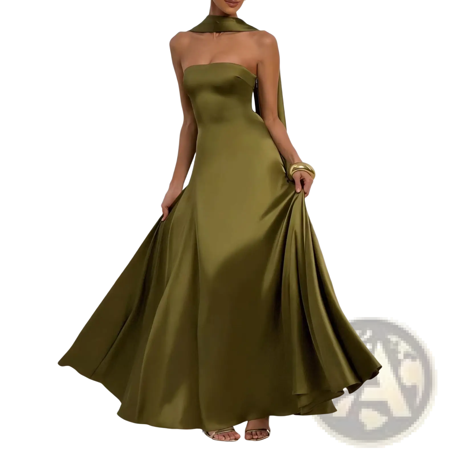 A flowing olive green satin strapless evening gown with a high neckline and draped fabric detail