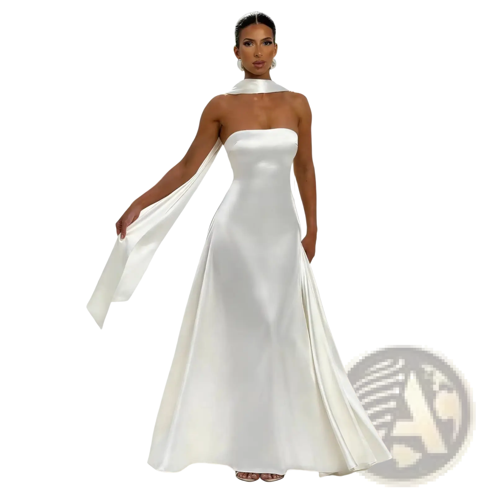 Elegant strapless white satin evening gown with draped neckline and flowing cape-like detail on shoulder