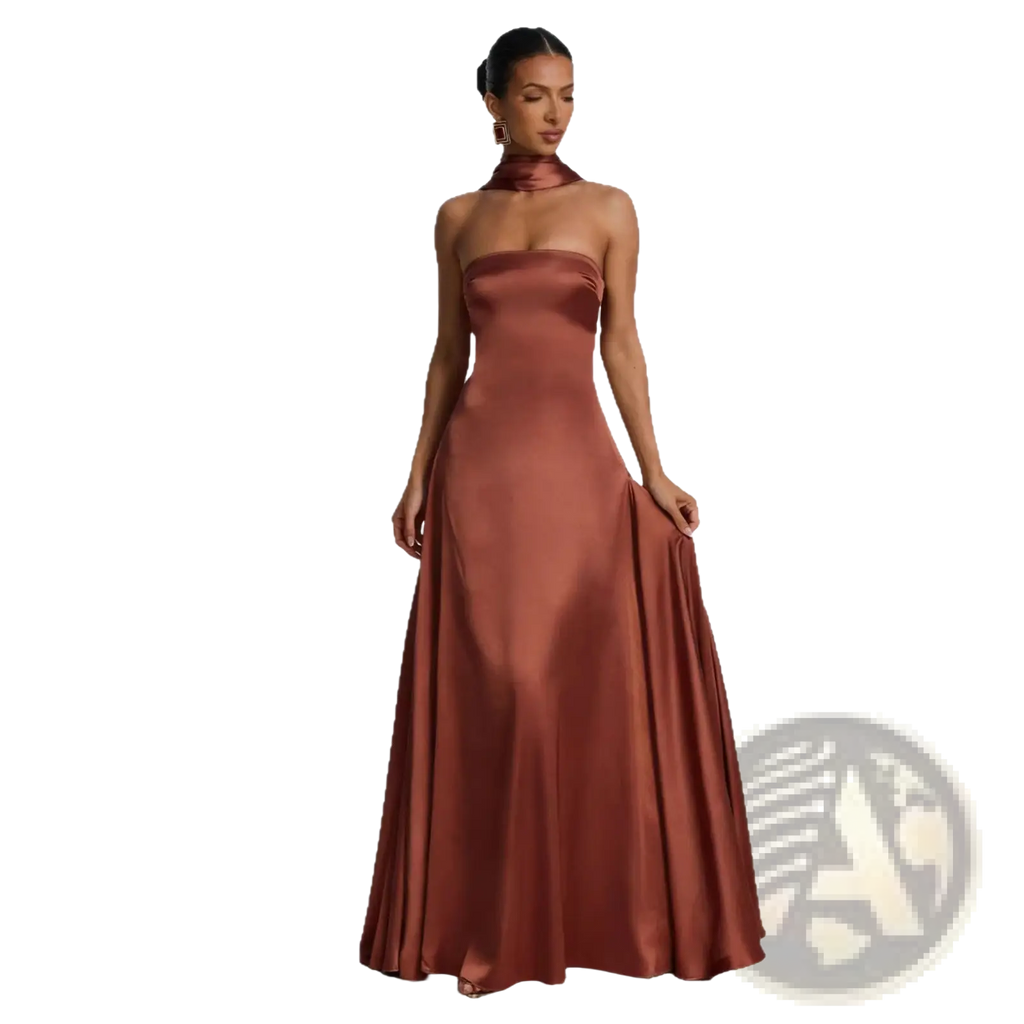 Elegant strapless rust-colored satin evening gown with a flowing floor-length silhouette and draped high neckline