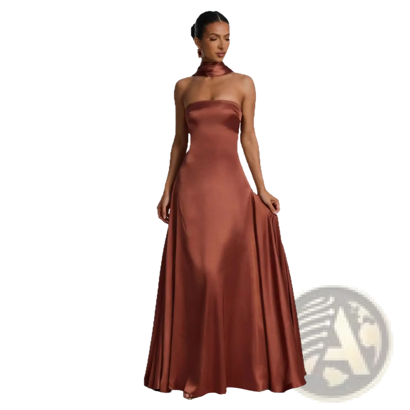 Elegant strapless rust-colored satin evening gown with a flowing floor-length silhouette and draped high neckline