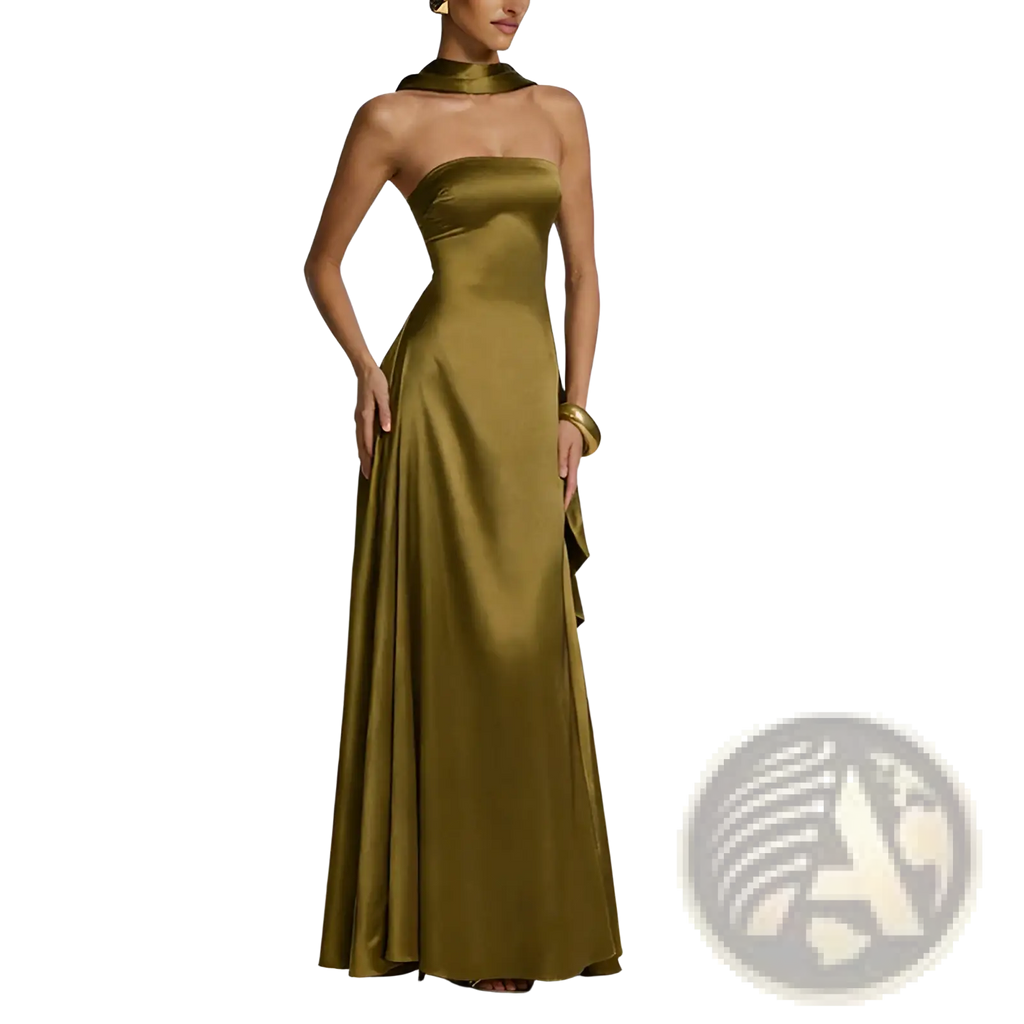 A sleek olive green satin strapless evening gown with a draped high neckline and flowing silhouette