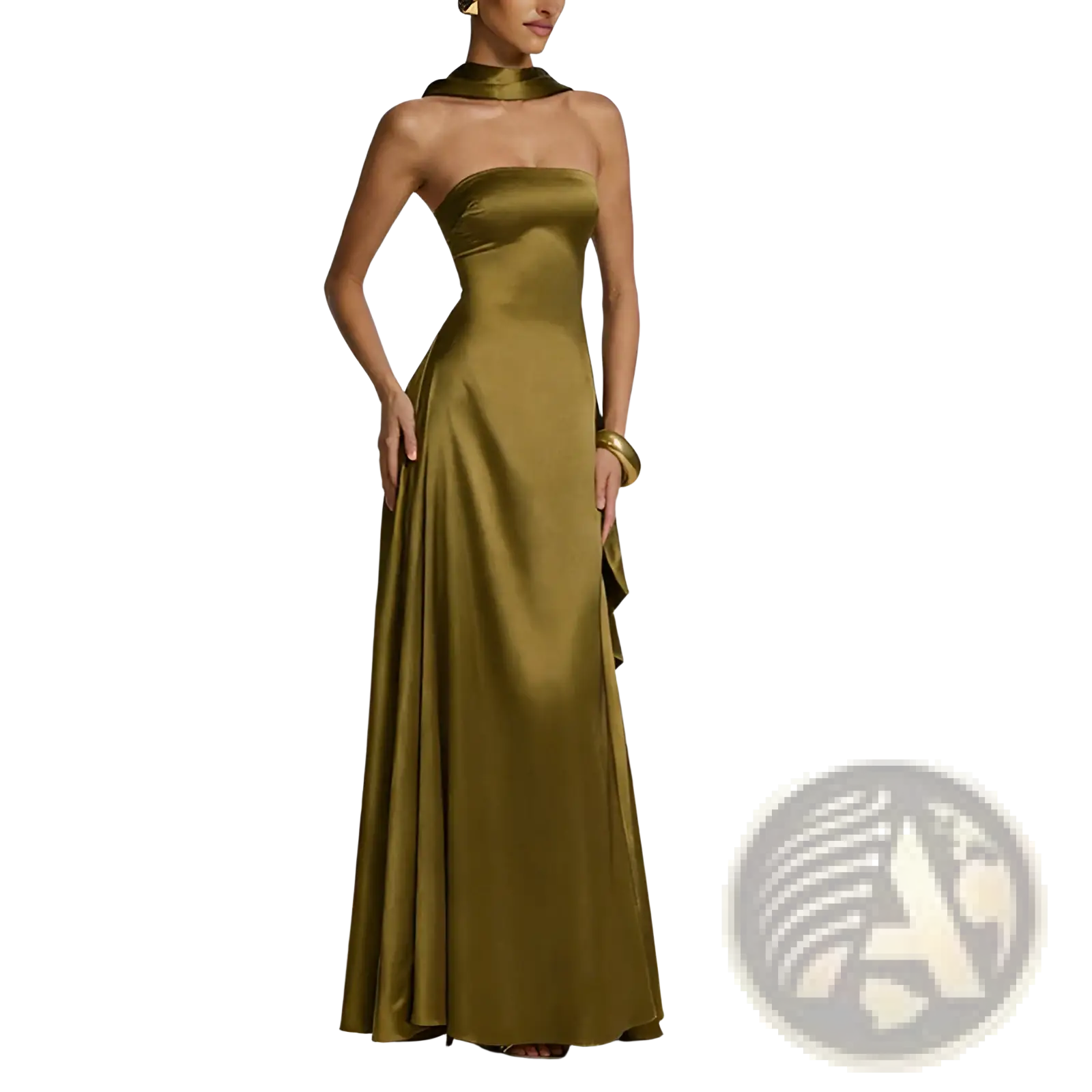 A sleek olive green satin strapless evening gown with a draped high neckline and flowing silhouette