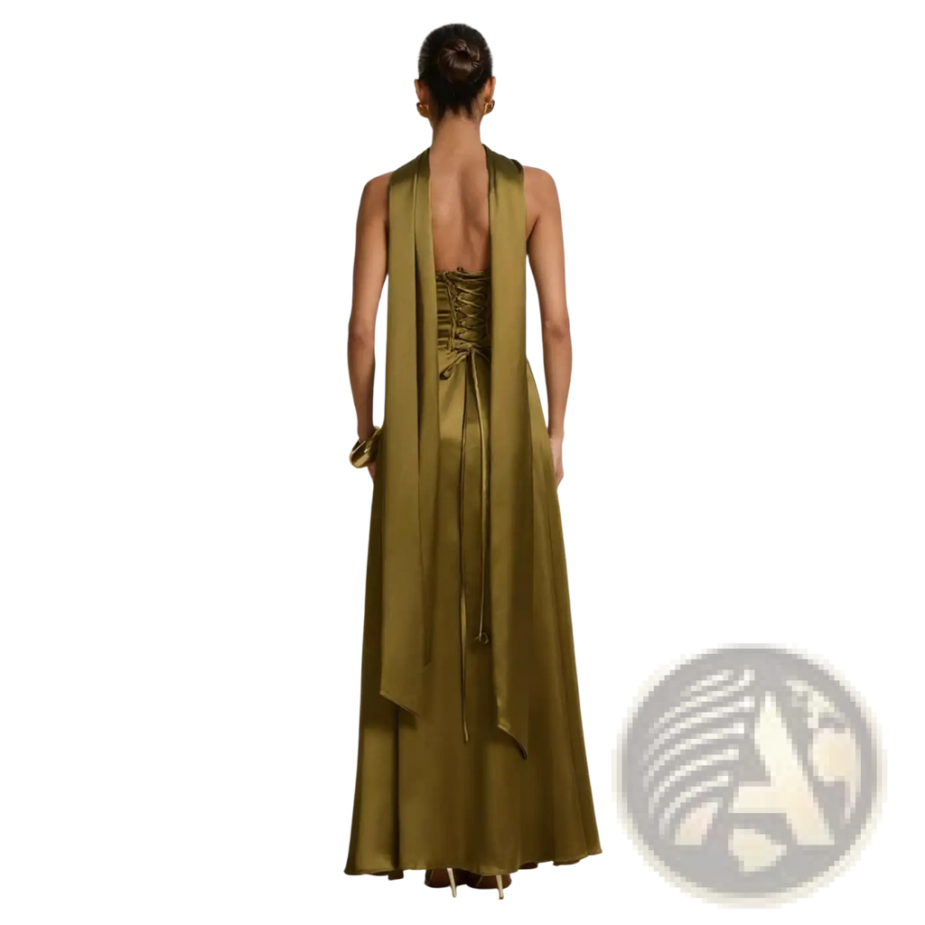 Back view of olive green satin elegant strapless evening gown with corset lacing and flowing draped sleeves