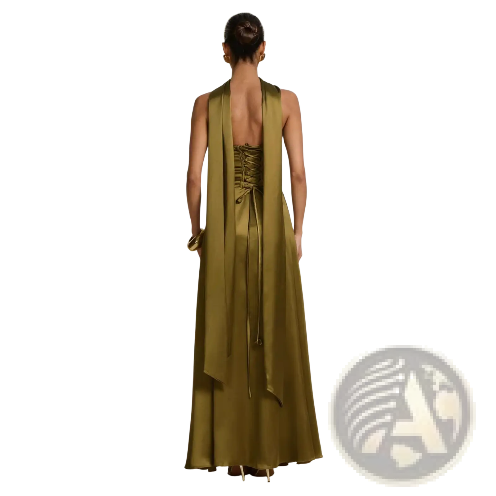 Back view of olive green satin elegant strapless evening gown with corset lacing and flowing draped sleeves