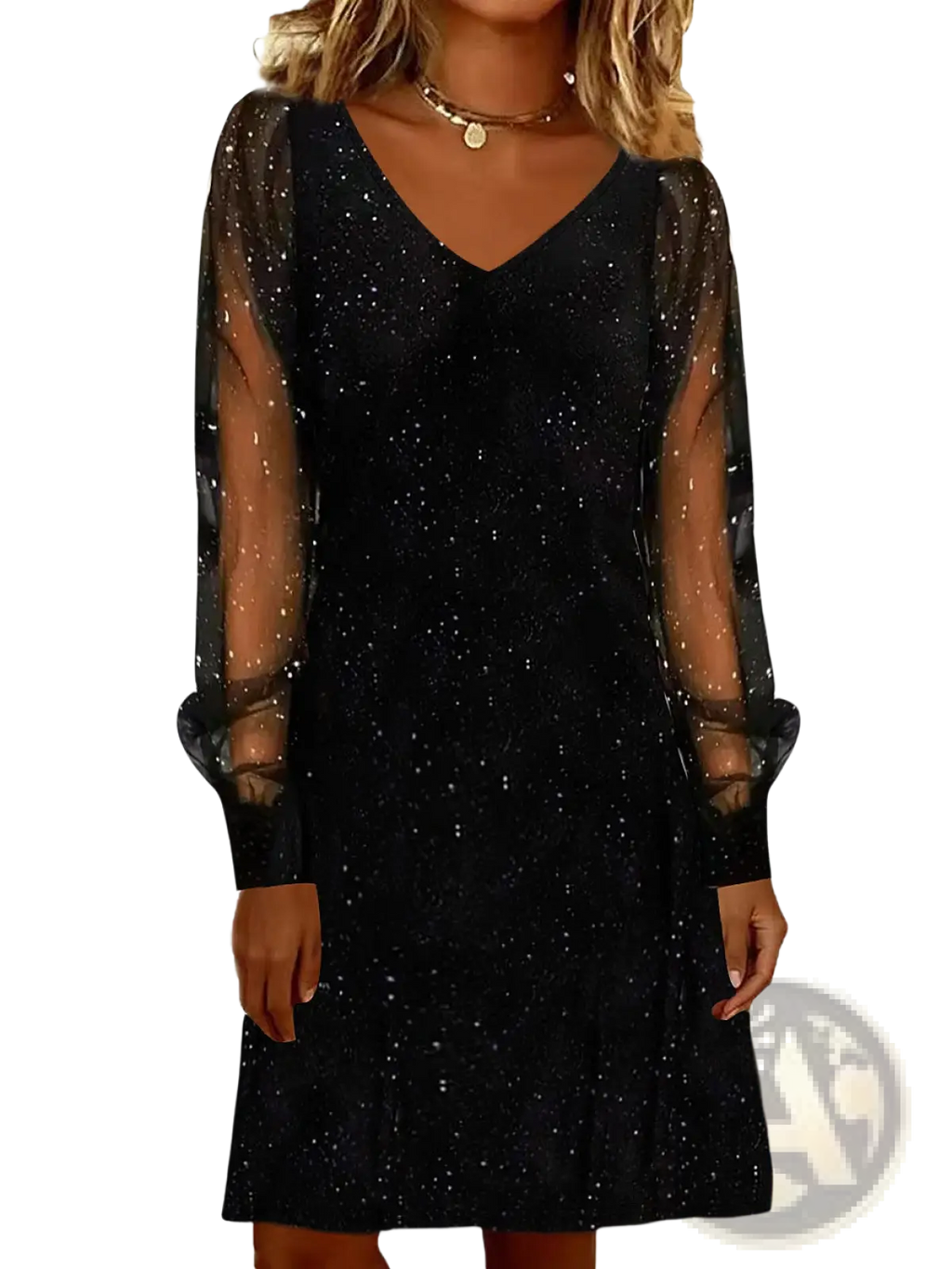 Black sparkly mini party dress with sheer long mesh sleeves and a v neckline showcasing elegant shimmer