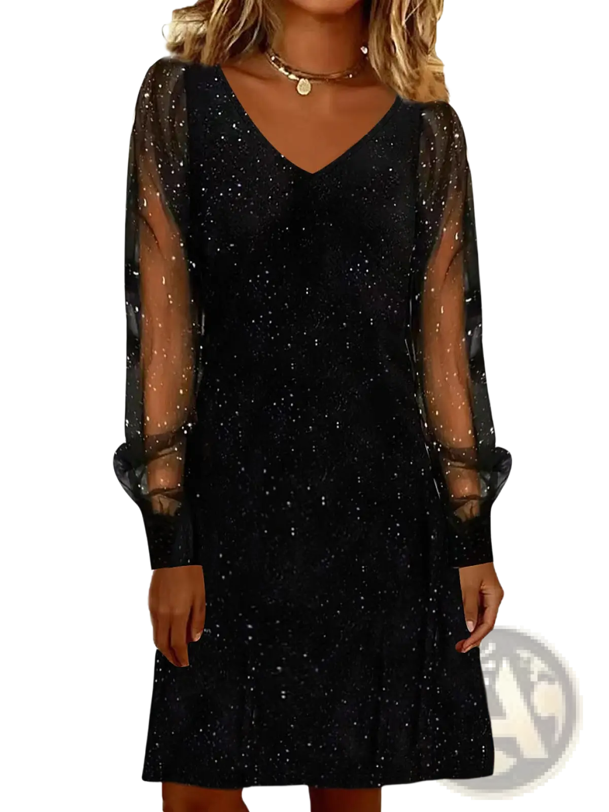 Black sparkly mini party dress with sheer long mesh sleeves and a v neckline showcasing elegant shimmer