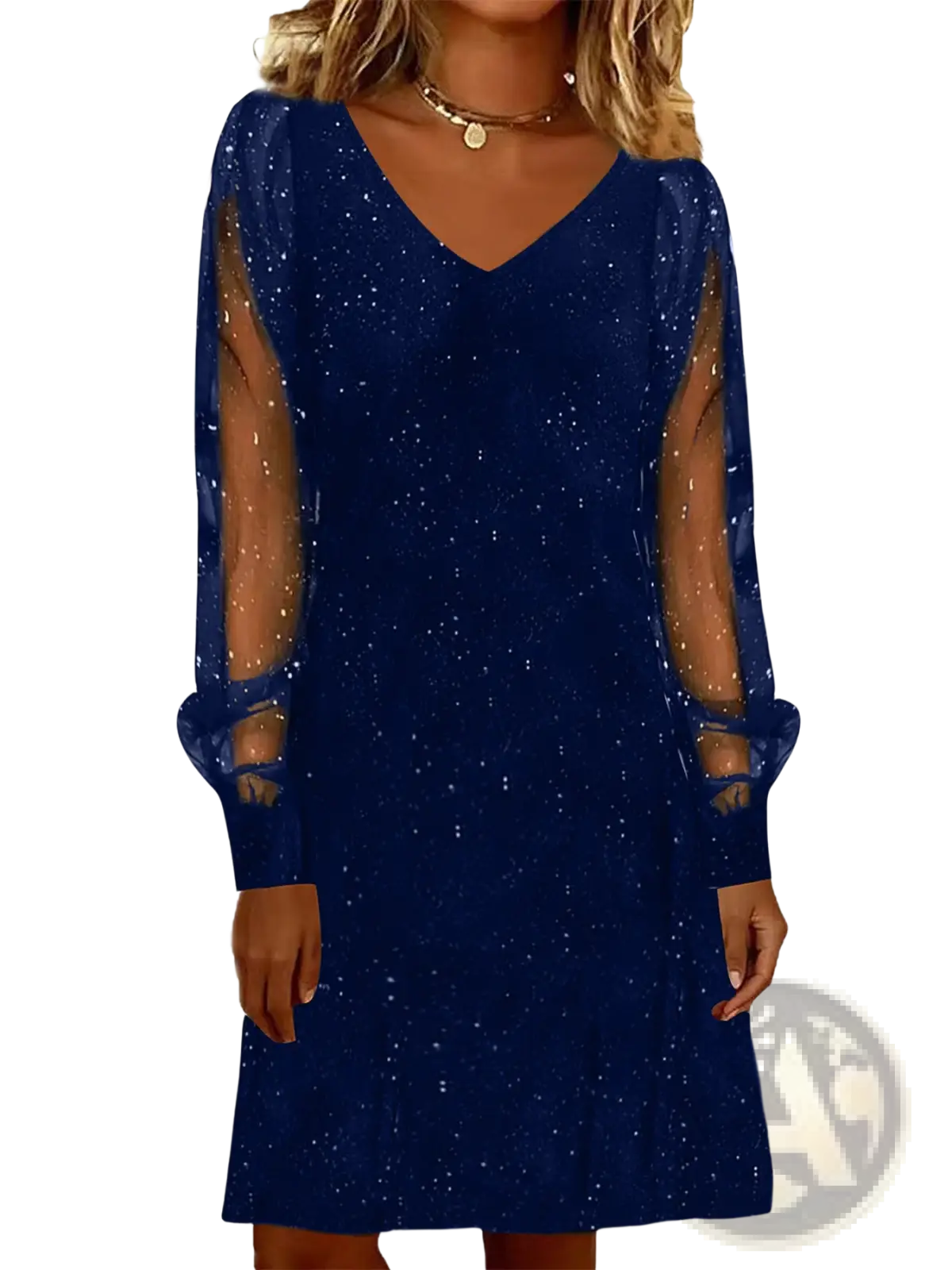 Elegant navy blue shimmering mini party dress with v neck and sheer puffy mesh long sleeves