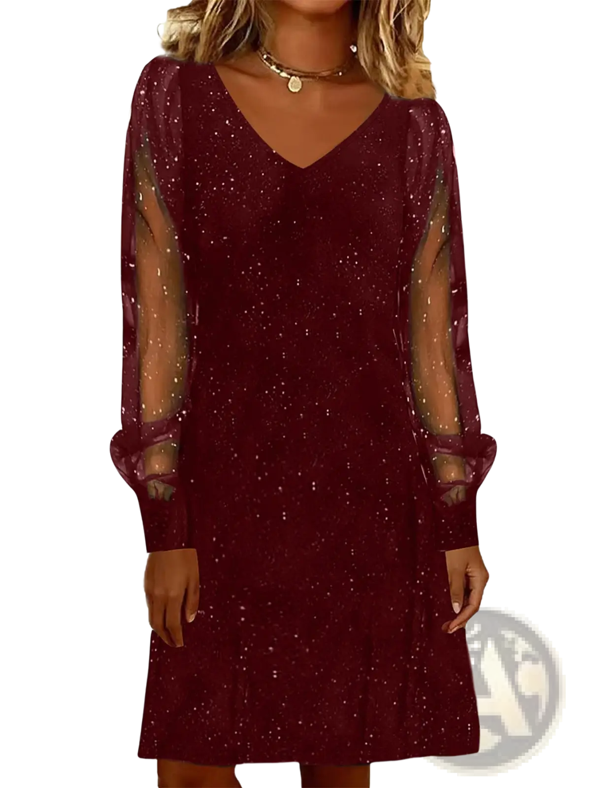 Elegant v neck shimmering mini party dress in burgundy glitter with sheer puffy long mesh sleeves