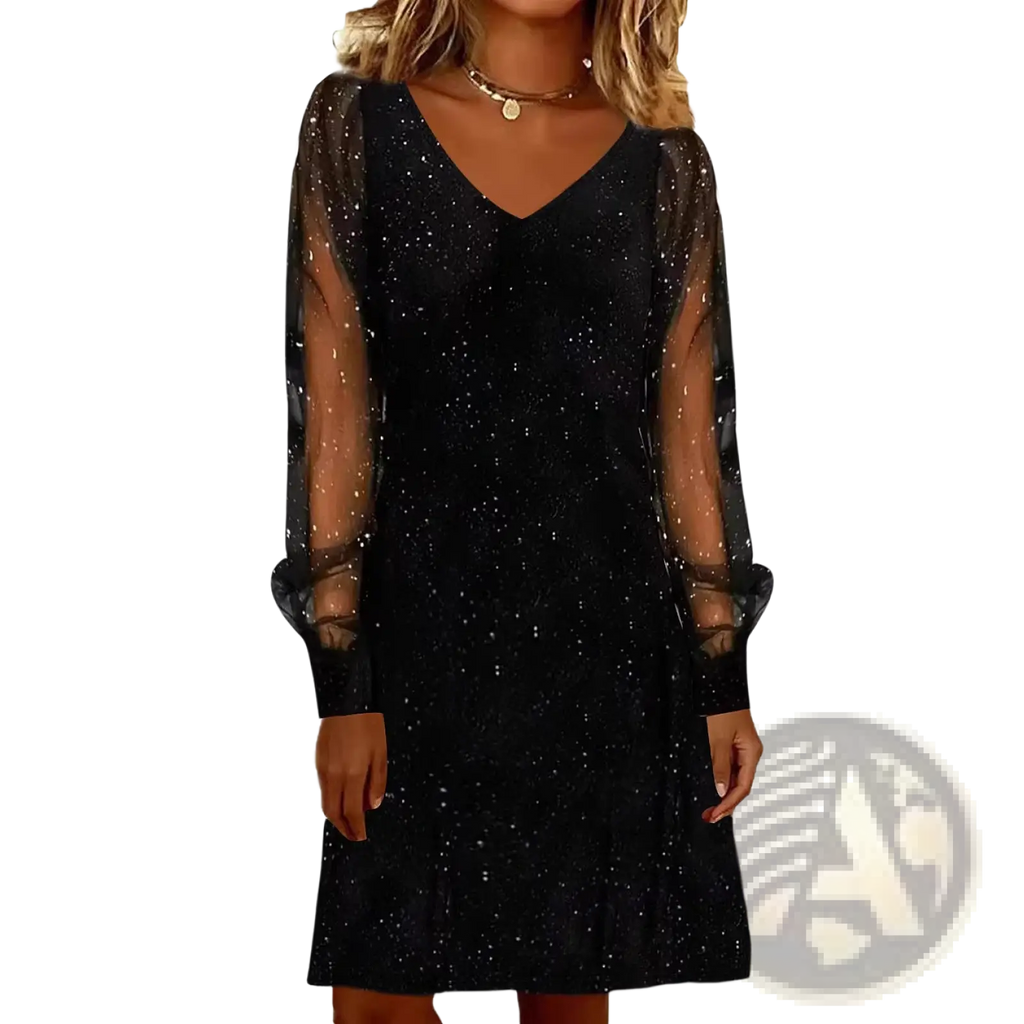 Black elegant v neck mini party dress with sheer mesh long sleeves and shimmering glitter details